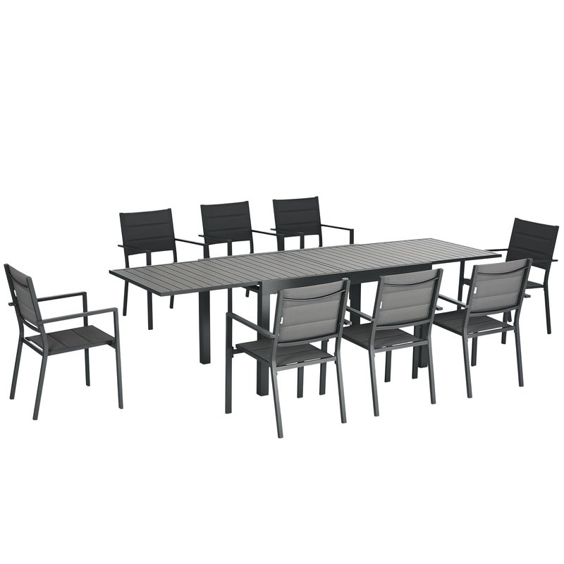 zestaw wypoczynkowy ogrodowy rozkładany stół 135 - 270 cm w aluminium i poliester 6/10 osoby 8 krzesła sztaplowane szary