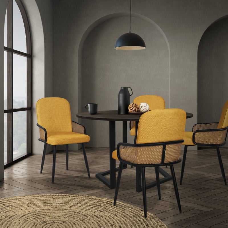 ML-Design zestaw 6 krzeseł tapicerowanych musztarda do jadalni i kuchni ergonomiczne z podłokietnikami imitacja rattanu metalowe nogi komfortowe