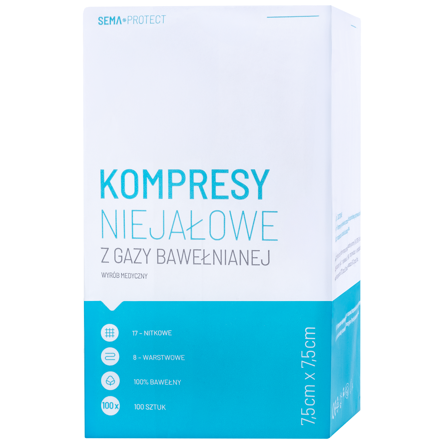 SEMA Protect, kompresy niejałowe z gazy, 17-nitkowe, 8-warstwowe, 7,5 cm x 7,5 cm, 100 sztuk