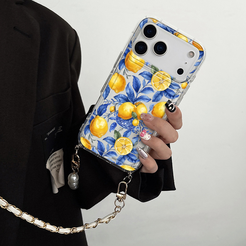 TEMU Etui na telefon - Pokrowiec na telefon z sznurkiem z imitacji skóry z perłą, ozdobiony wzorem z cytryną i niebieskim liściem, pasujący do modeli