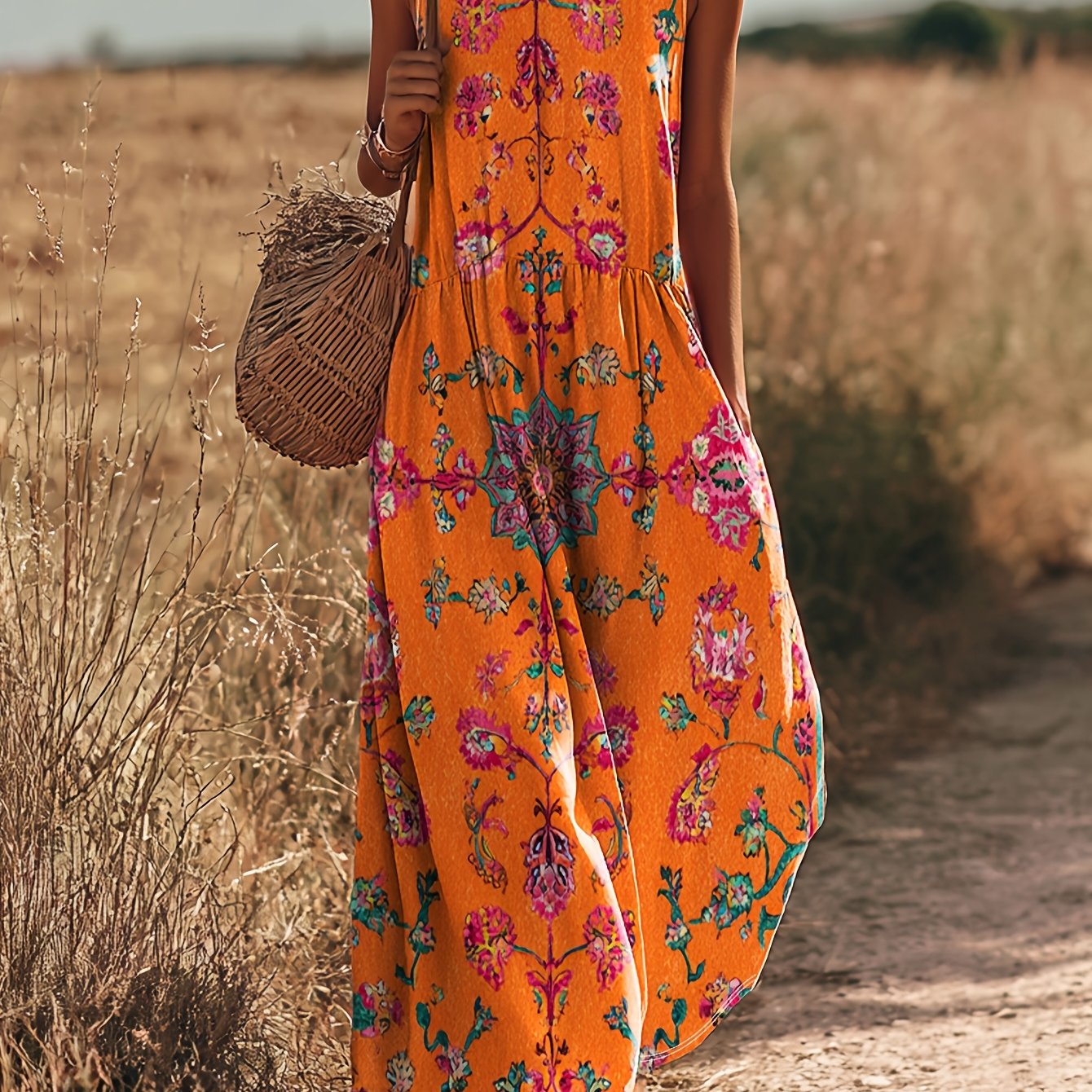 TEMU 2026 Boho Kwiatowy Print Bezrękawnikowa Sukienka Maxi z Okrągłym Dekoltem, Luźna z Wyszczuplającym Krojem A-Line, Długa Sukienka na Wakacje,