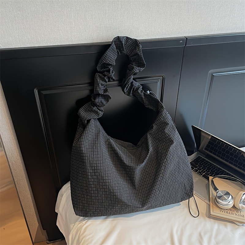 TEMU Damska Torba Tote o Dużej Pojemności Kompatybilna z Linią /Korea – Retro Kratka Shopper z Szerokim Marszczonym Paskiem, Wzór w Kratę, Zamek