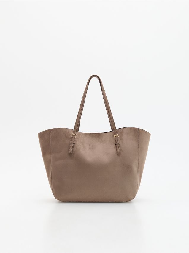 Reserved - Torebka shopper z imitacji zamszu - beżowy