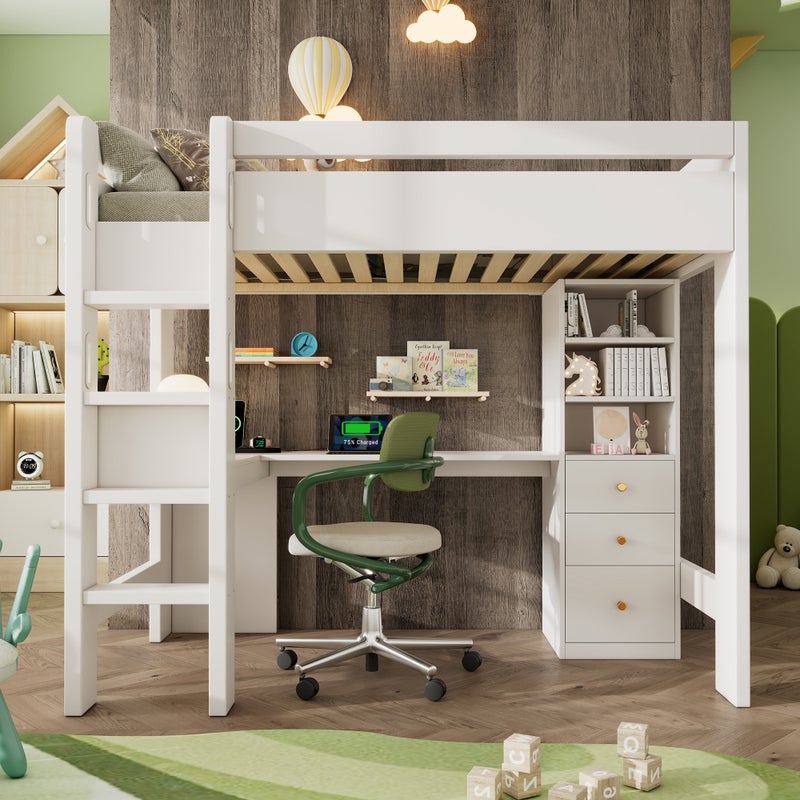 Łóżko loft 90x200, biurko L, półki, szuflady, USB-C, drabinka, białe.