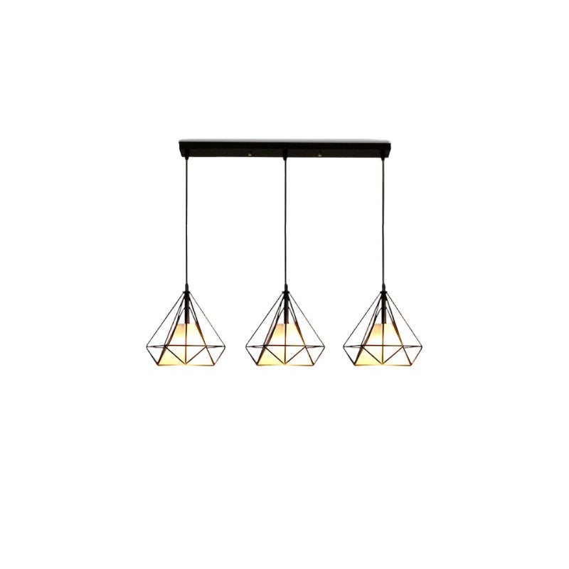 Lampa wisząca w stylu industrialnym z 3 kloszami w kształcie diamentu, z liny konopnej oraz metalowa, LED, do sufitu, w retro stylu, E27, idealna do k