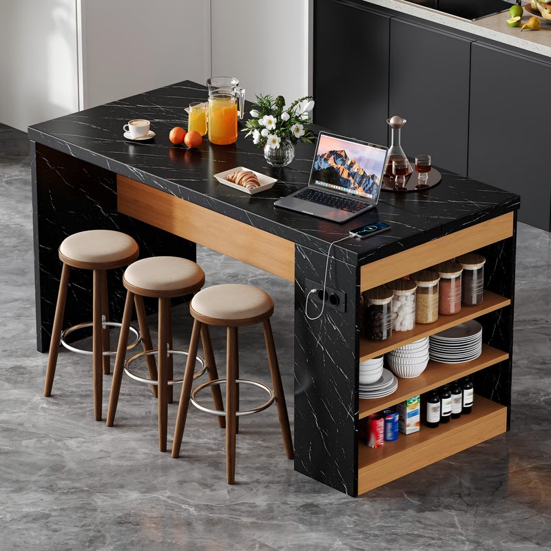 Wielofunkcyjna wyspa kuchenna z oświetleniem LED i gniazdkami elektrycznymi - 2 gniazdka + 2 porty USB - 155 x 80 x 90 cm - MDF - Czarny