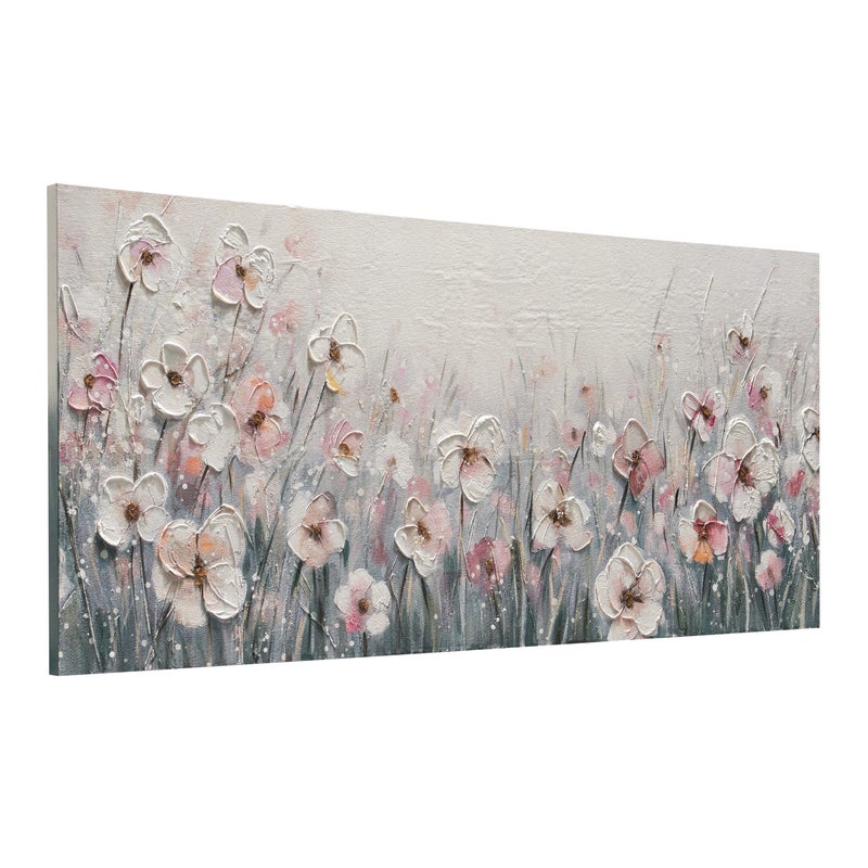 Obraz bez ramy Botaniczny prostokątny 65 x 150 cm. Oryginalne płótno Różowe kwiaty
