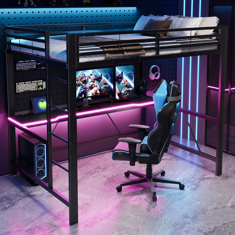 Łóżko Piętrowe Gamingowe 140x200 cm z Oświetleniem LED, USB, Biurkiem i Metalową Ramą, Czarne