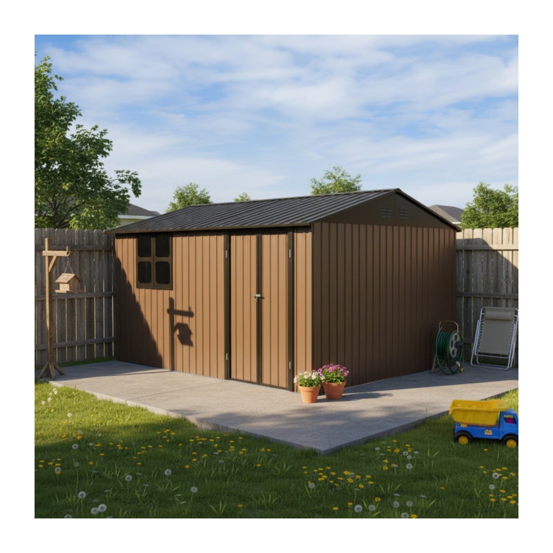 Domek ogrodowy 362×285,5 cm – 10,34 m², stalowy, dach dwuspadowy, drzwi zamykane na kłódkę, stół składany, półki