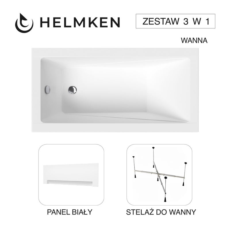 Helmken Wanna akrylowa Rivana 140 х 70 + Panel Biały + Stelaż uniwersalny do wanien 21230020 / 23095003-3S