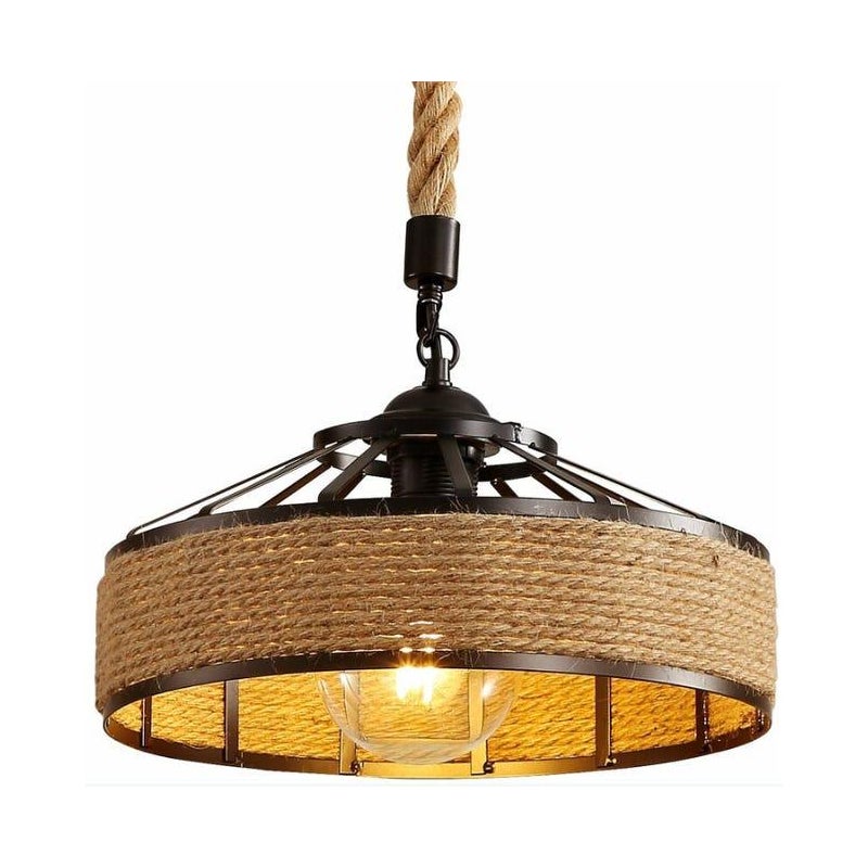 Lampa Wisząca z Liny Jutowej, Retro Lampa Wisząca z Metalowym Kloszem w Kolorze Czarnym, Żyrandol w Stylu Country, Lampa Sufitowa do Korytarza E27 z O