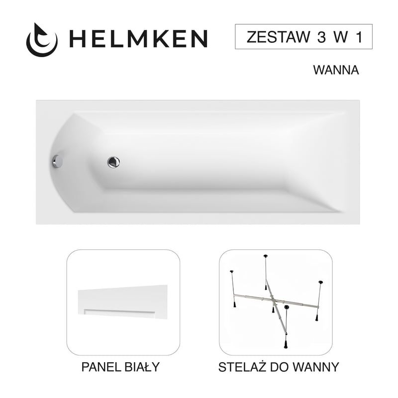 Helmken Wanna akrylowa Vespera 160 х 70 + Panel Biały + Stelaż uniwersalny do wanien 21230020 / 23098003-3S