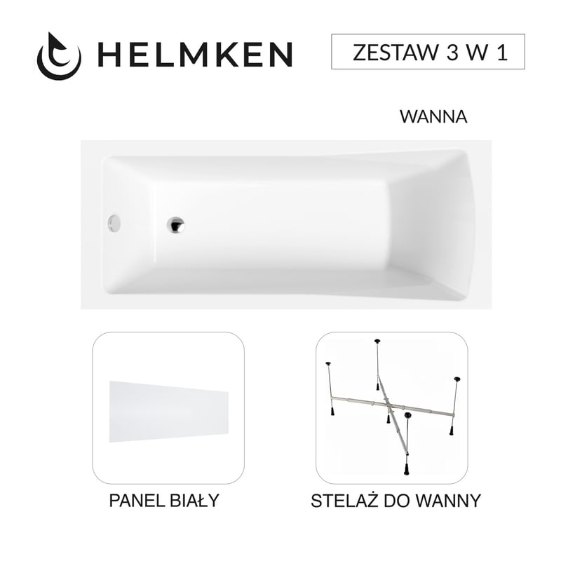 Helmken Wanna akrylowa Aurora 140x70 + Panel Biały + Stelaż uniwersalny do wanien 21230020 / 35010040-3S