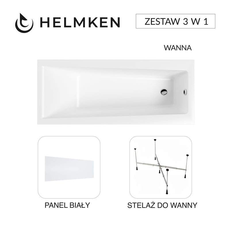 Helmken Wanna akrylowa Versailles 170x75 + Panel Biały + Stelaż uniwersalny do wanien 21230020 / 35070075-3S