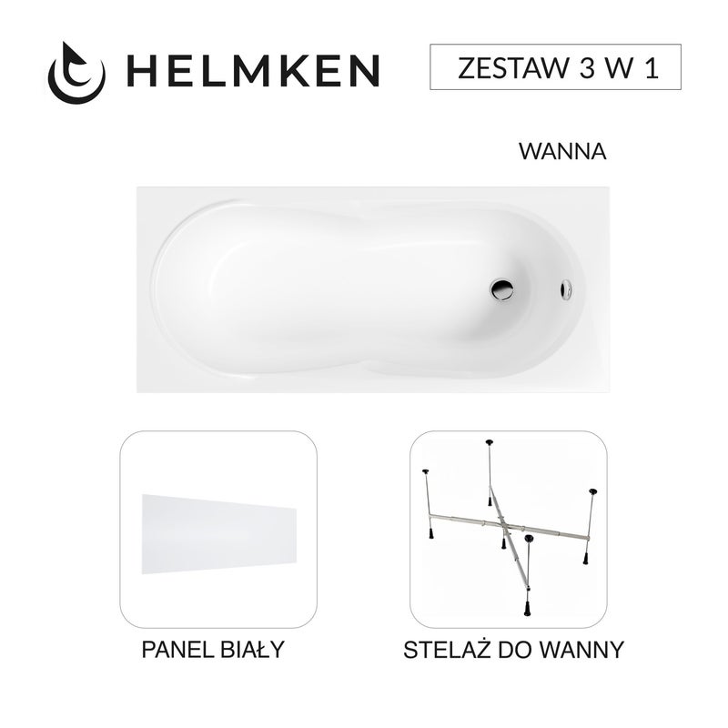 Helmken Wanna akrylowa Celeste 150x70 + Panel Biały + Stelaż uniwersalny do wanien 21230020 / 35060050-3S