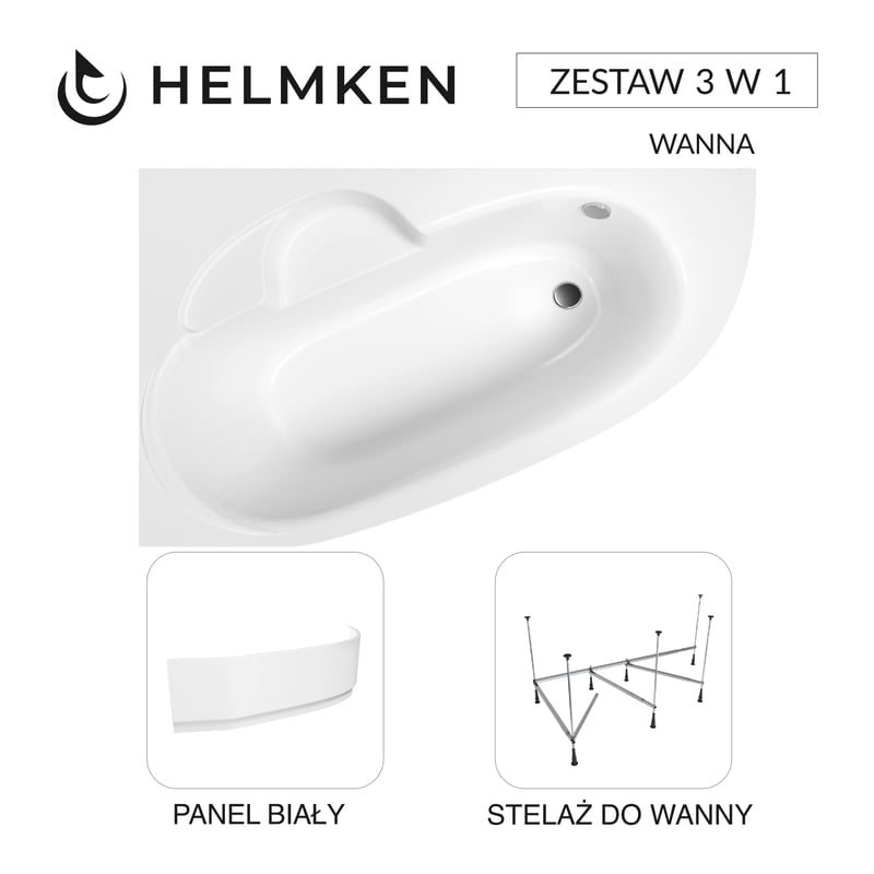 Helmken Wanna asymetryczna Valencia 160x105 Lewa + Panel Biały + Stelaż do wanny 21013-101 / 3502160L-3S