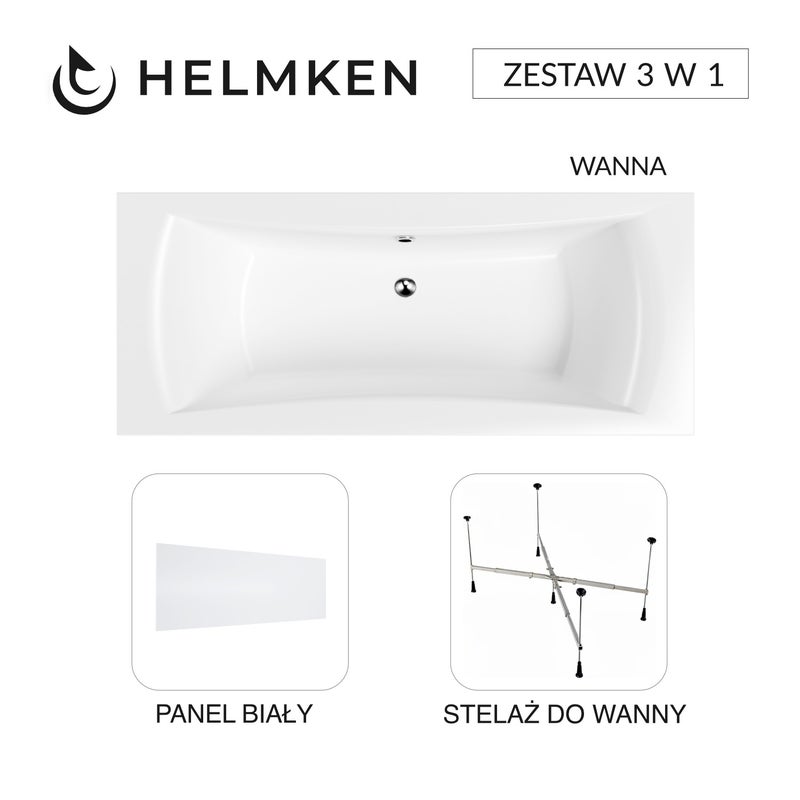 Helmken Wanna akrylowa Belgravia 180x80 + Panel Biały + Stelaż uniwersalny do wanien 21230020 / 35110180-3S