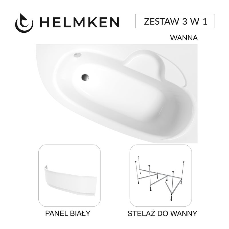 Helmken Wanna asymetryczna Valencia 150x100 Prawa + Panel Biały + Stelaż do wanny 21013-101 / 3502150R-3S