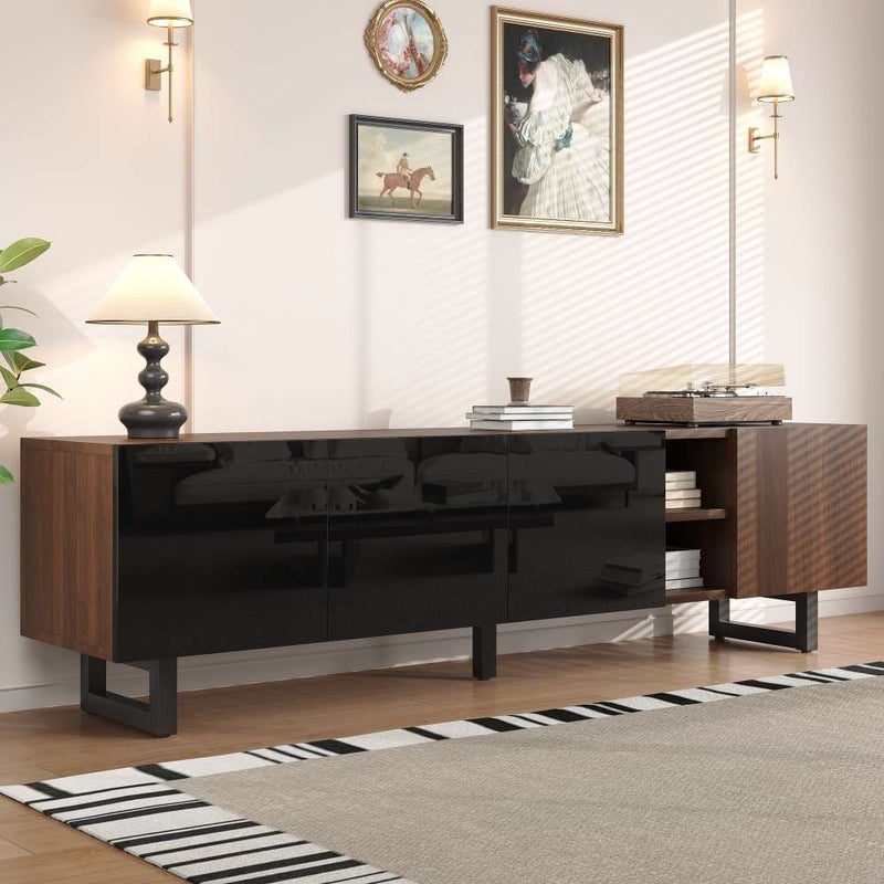 Stolik pod TV 180x38x50 cm – 4 drzwi z połyskiem, efekt drewna vintage, bez uchwytów – czarny + drewno, do salonu