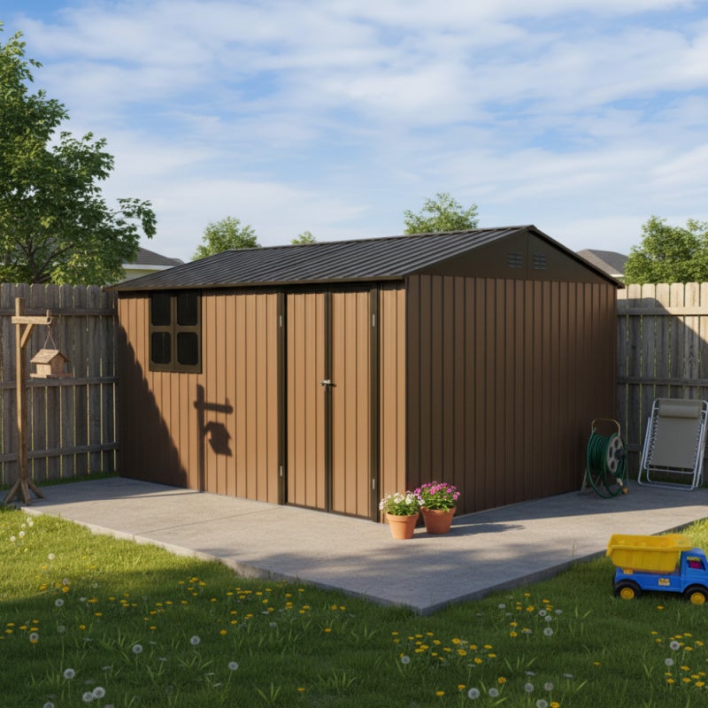 Domek ogrodowy metalowy 362x285,5 cm, 10,34 m², dach dwuspadowy, otwory wentylacyjne zintegrowane, drzwi uchylne, kłódka, okno, brązowo-czarny