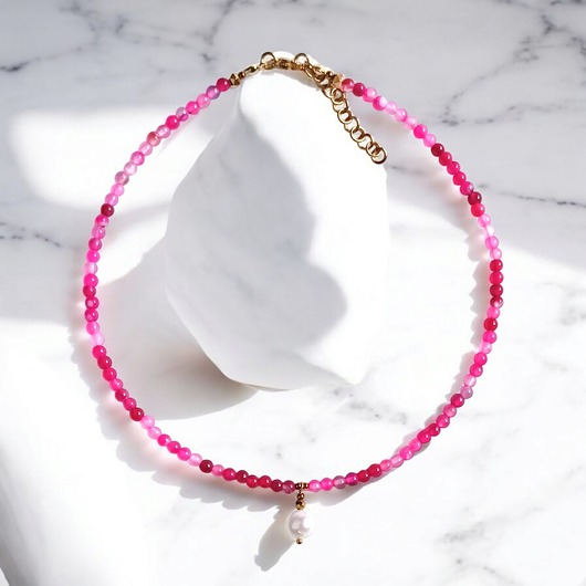 Naszyjnik : choker : fuchsia & pearl collection : agat i perła