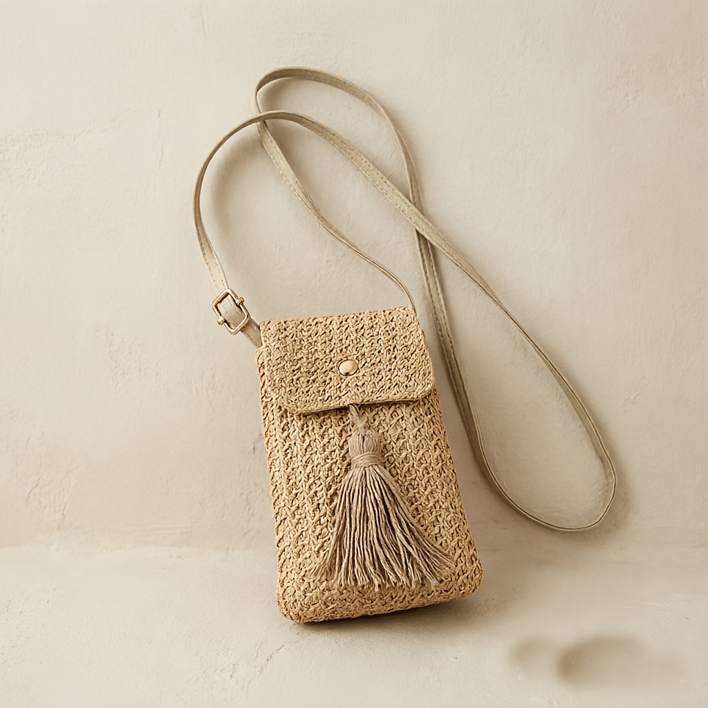 TEMU Damska letnia słomiana torba crossbody, mini torba na telefon z frędzlami, mała torba plażowa w stylu bohemy na wakacje, przenośna torba do