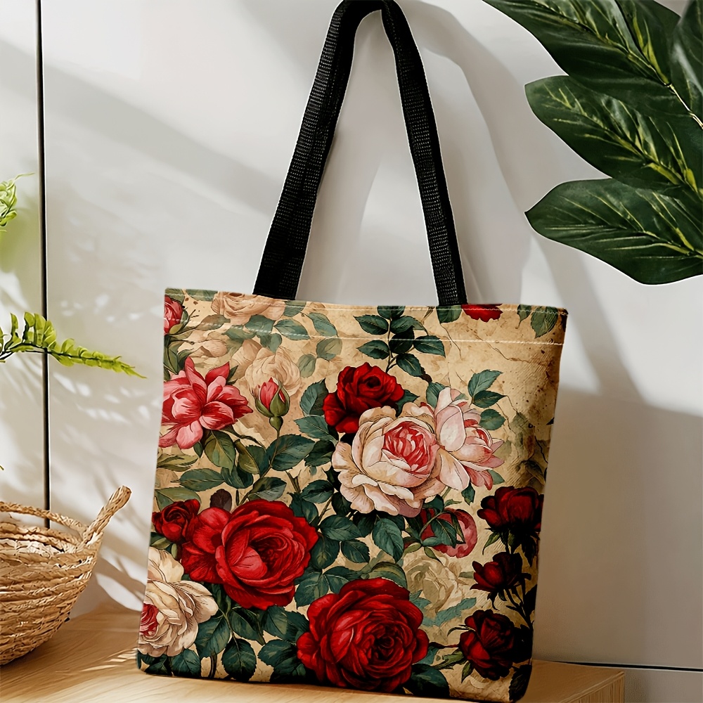 TEMU Torba na ramię i torebka z nadrukiem w stylu vintage z różami dla mężczyzn i kobiet - Duża torba typu tote o dużej pojemności, odpowiednia do