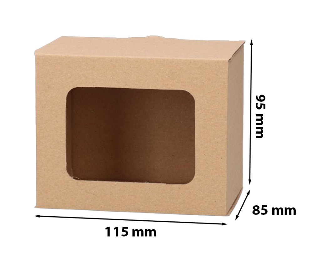 Pudełko prezentowe fasonowe z okienkiem na kubek 115x85x95mm brązowe