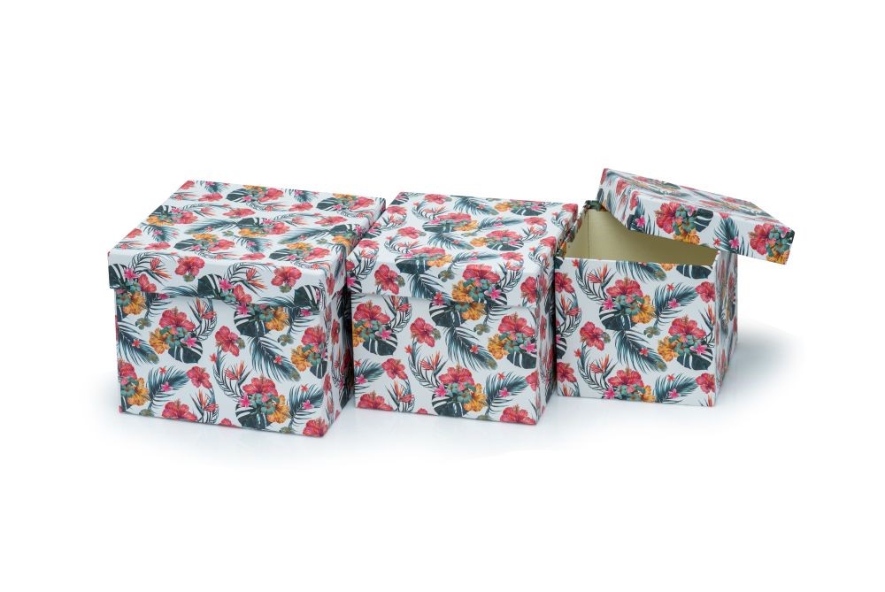 Zestaw pudełek ozdobnych KWADRAT KWIATY DŻUNGLA 3 szt. flowerbox