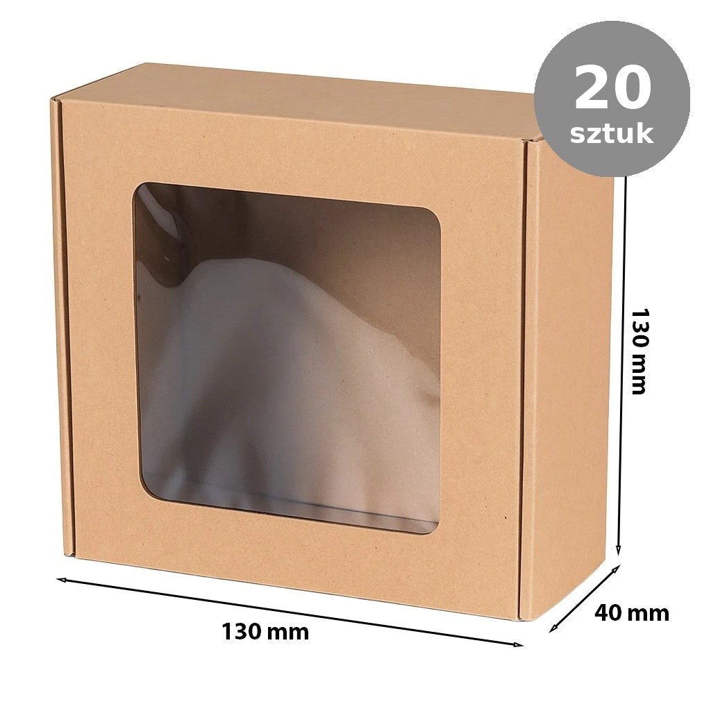 Pudełko z okienkiem EKO brąz ozdobne 130x130x40mm 20 sztuk