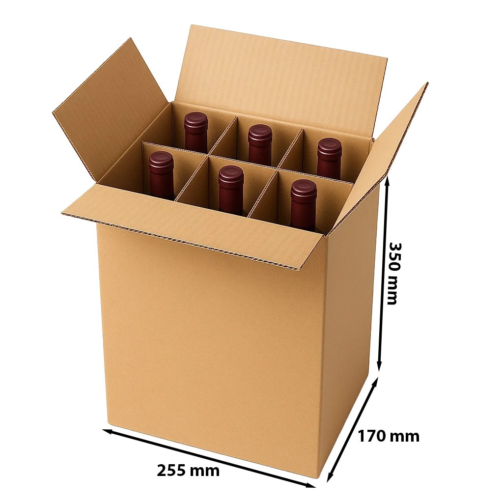 Brązowy karton klapowy na 6 butelek 255x170x350 mm z kratownicą BC650