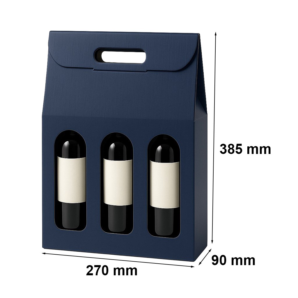 Pudełko kartonowe K-873 na 3 butelki wina niebieskie 270 x 90 x 385 mm