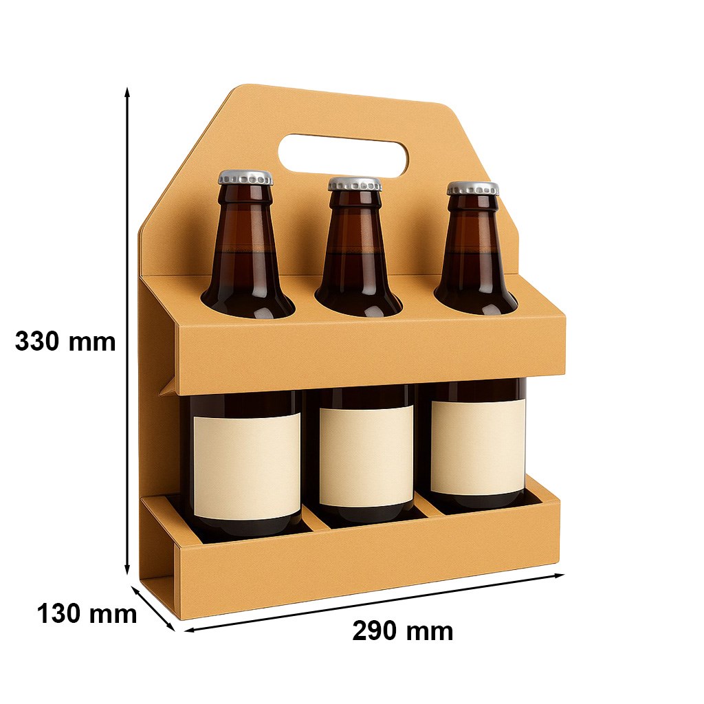 Pudełko fasonowe na 3 piwa, nosidełko brązowe 130x290x330 mm 450 g/m2