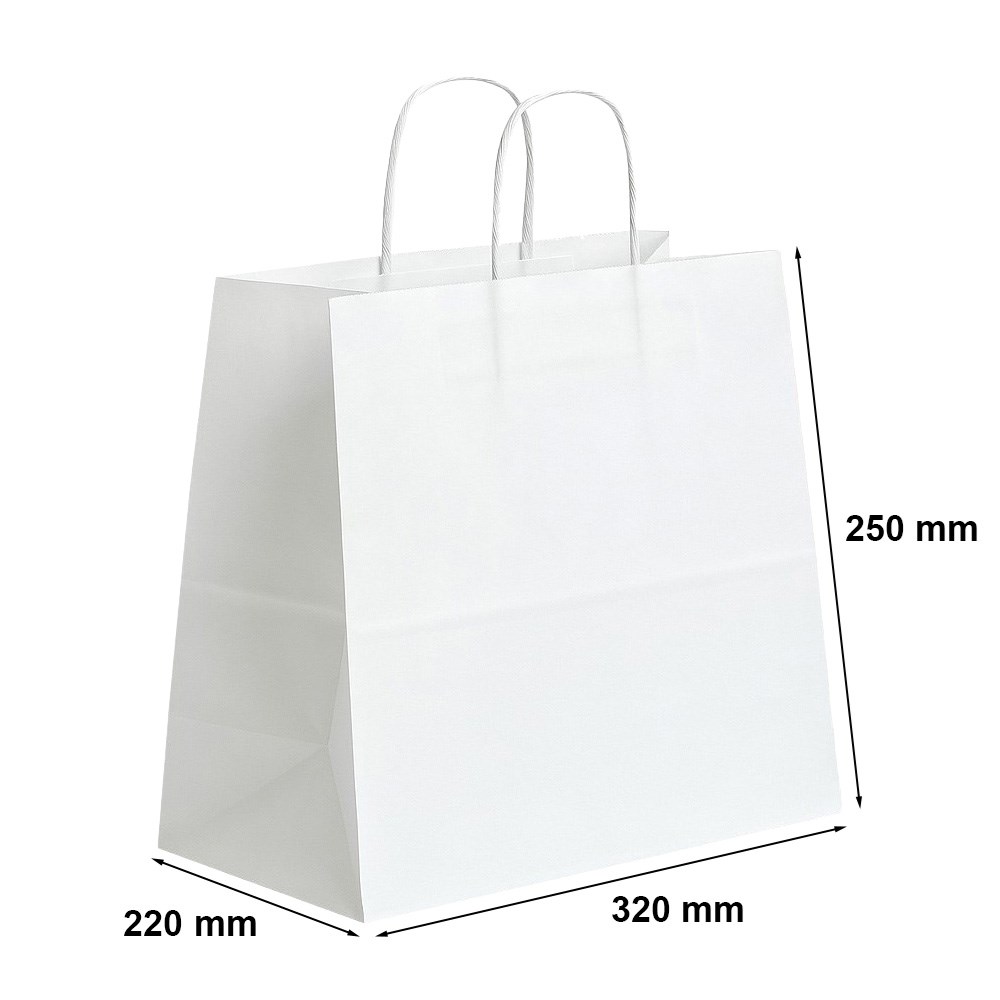 Torba papierowa 320x220x250 mm biała z uchwytem płaskim, dno klockowe