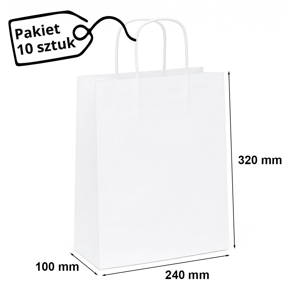 Torba papierowa na prezent biała 240x100x320 mm, pakiet 10 szt.