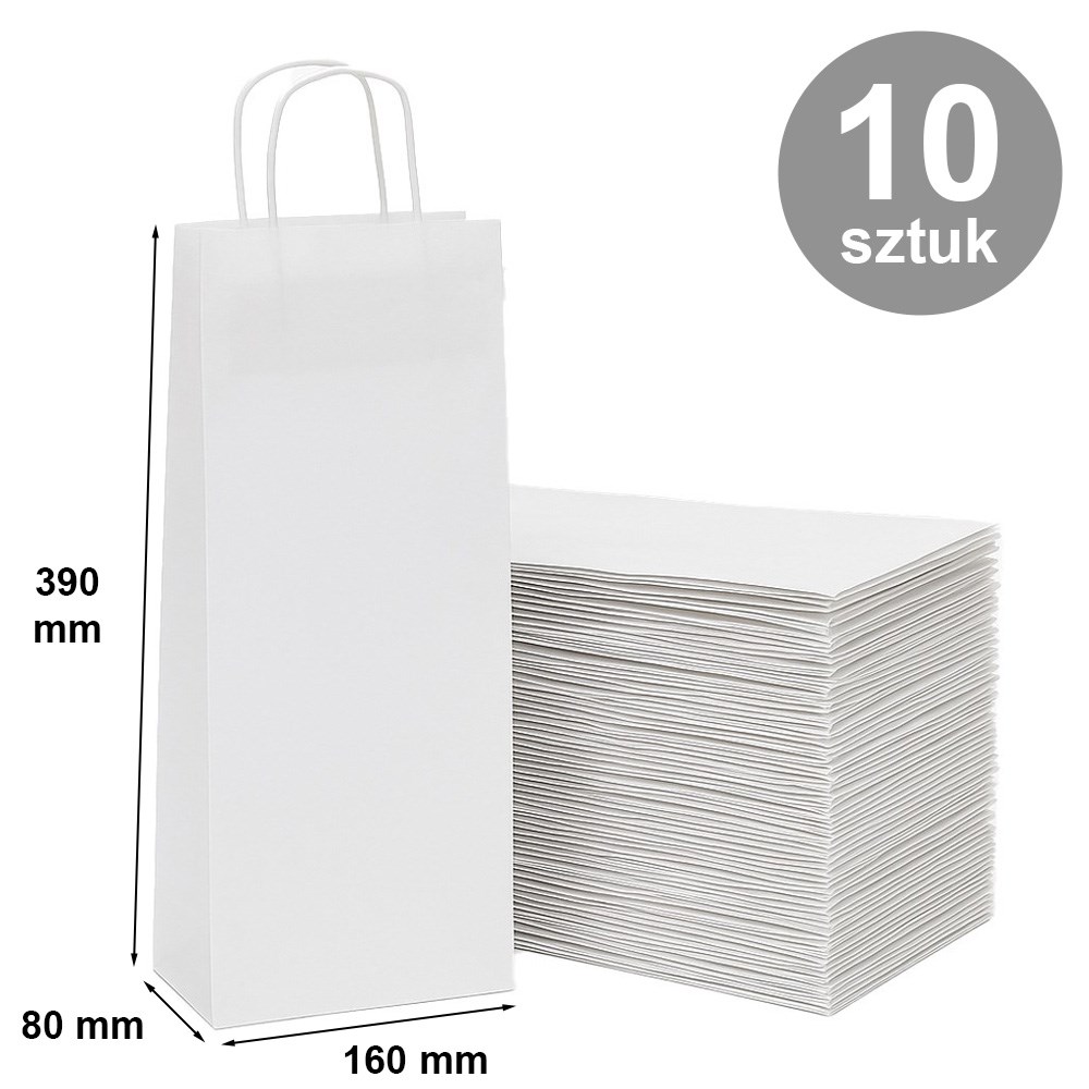 Torby papierowe na butelki 160x80x390 mm białe prążkowane 10 szt.