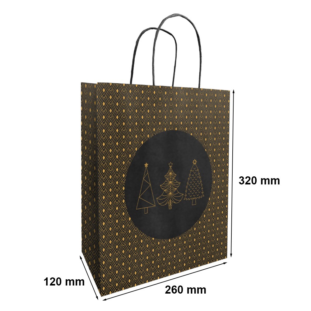 Torba Papierowa Świąteczna KRAFT 260x120x320mm na prezent 3 Choinki