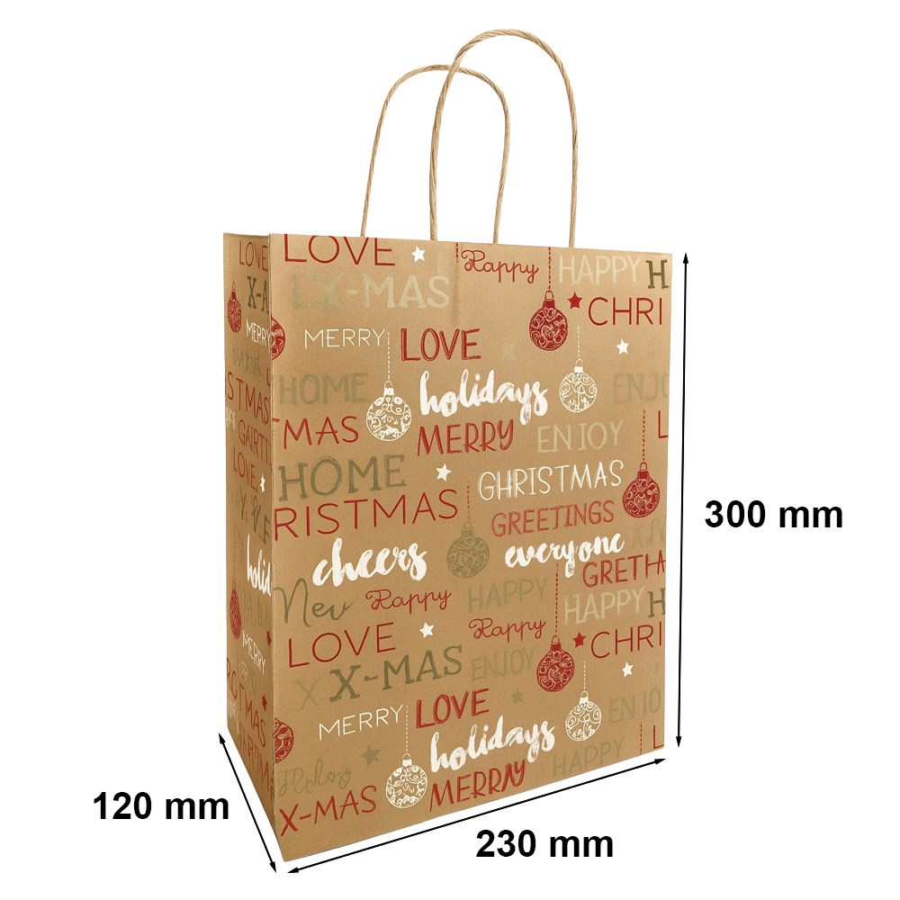 Torba papierowa 230x120x300mm brązowa z nadrukiem życzenia święta