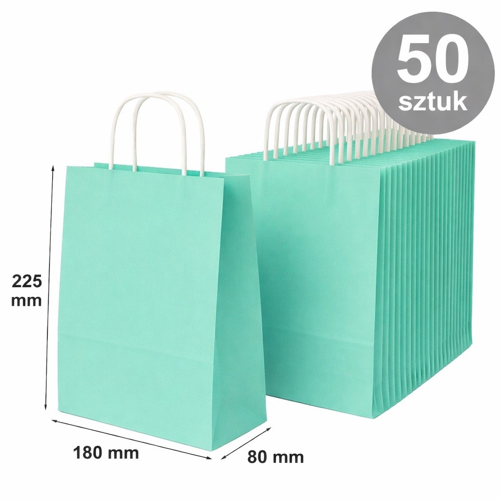 Torebka papierowa ozdobna pastelowa zielona 180x80x225 mm 50 sztuk