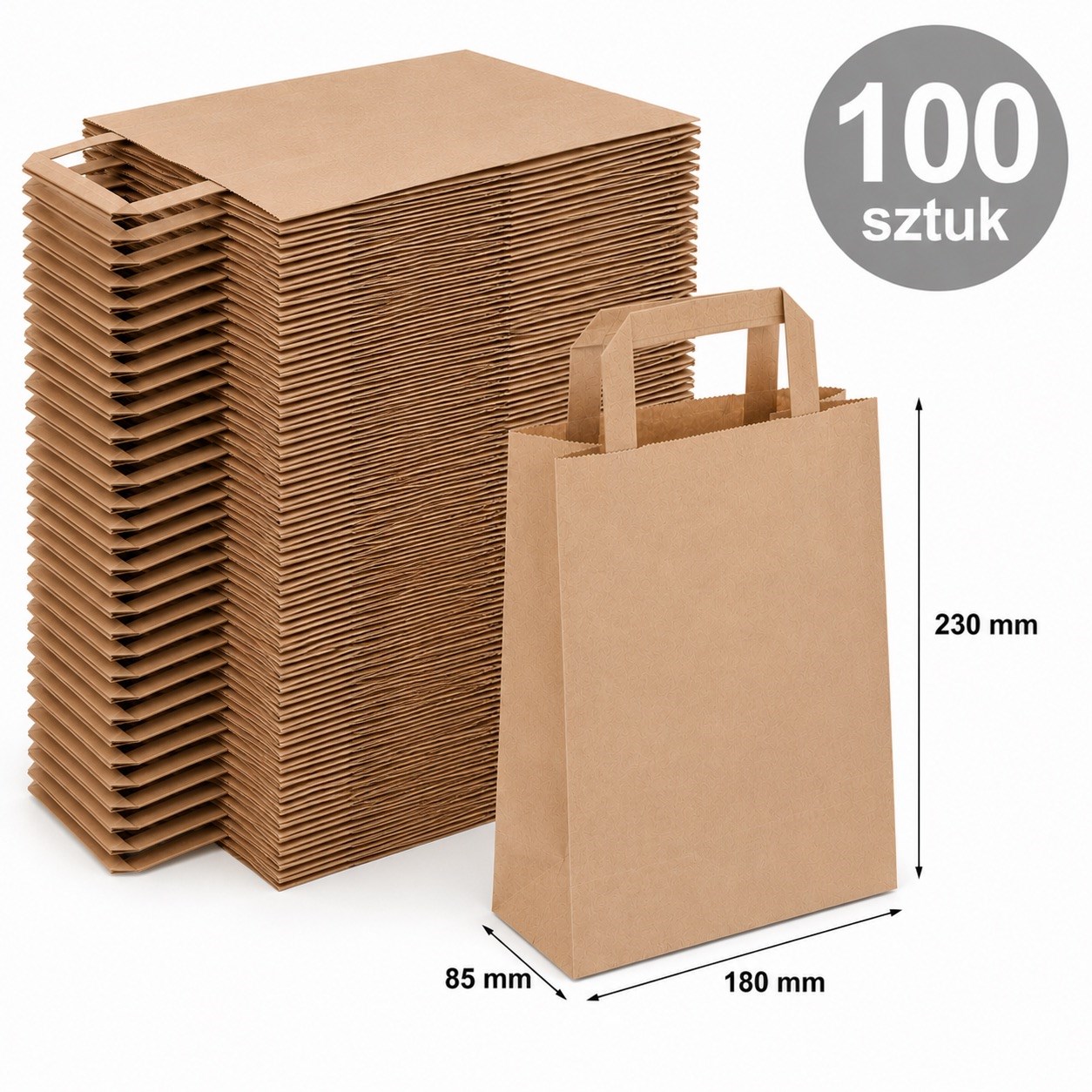 Torba Papierowa 180x85x230mm Brązowa Z Płaskim Uchwytem 100 Sztuk