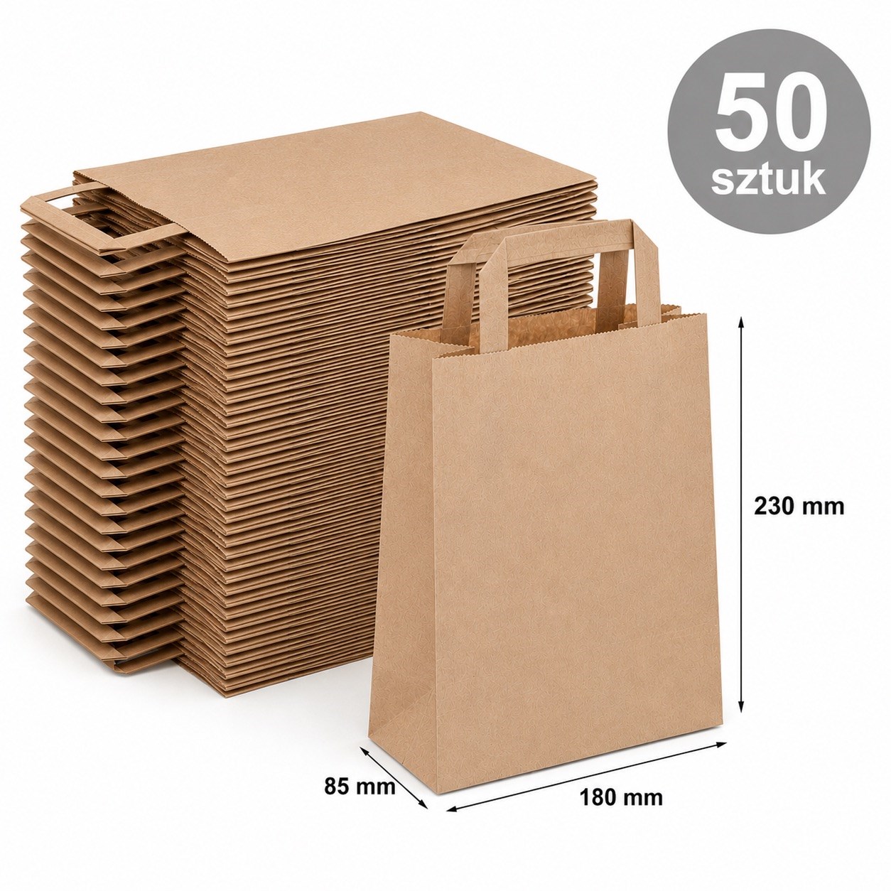 Torba Papierowa 180x85x230mm Brązowa Z Płaskim Uchwytem 50 Sztuk