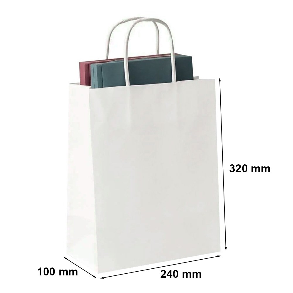 Torby papierowe upominkowe białe 240x100x320 mm z uchwytem 100 g/m2