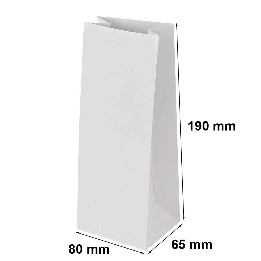 Torebka papierowa klockowa ekologiczna biała 80x65x190 mm bez uchwytu
