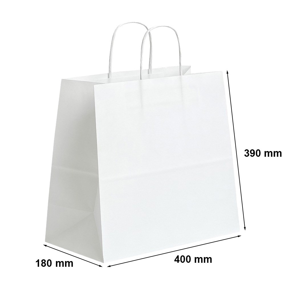 Torby papierowe białe z uchwytem i klockowym dnem 400x180x390 mm 28 l