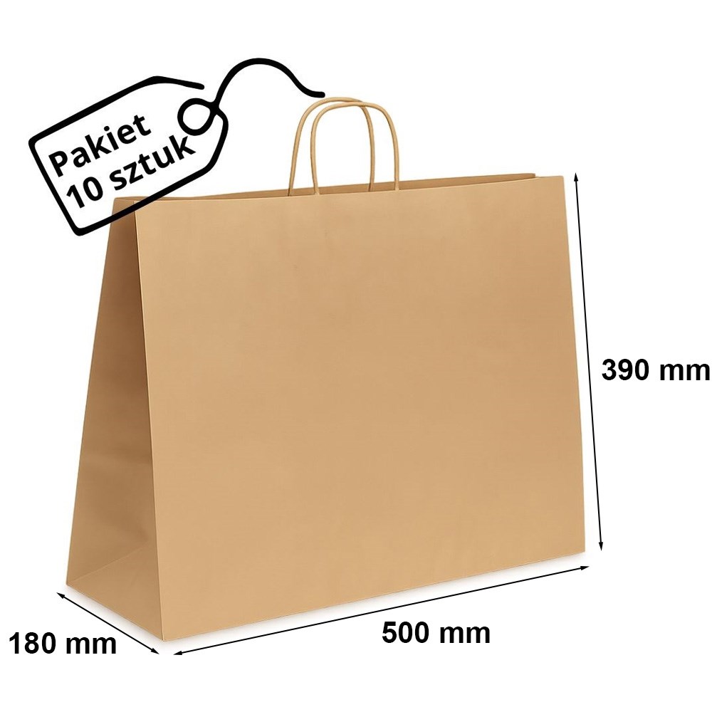 Duża torba papierowa prezentowa brązowa 500x180x390 mm, 10 szt.