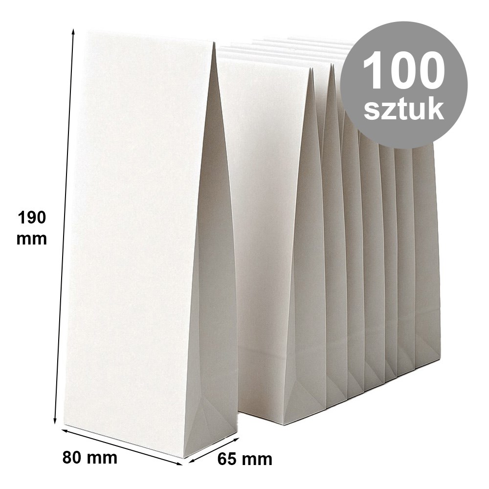 Torebki papierowe ekologiczne 80x65x190 mm białe bez uchwytów 100 szt.