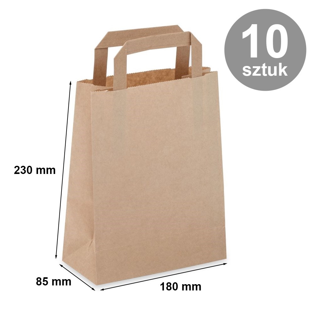 Torby papierowe brązowe kraft z uchwytem płaskim 180x85x230 mm 10 szt