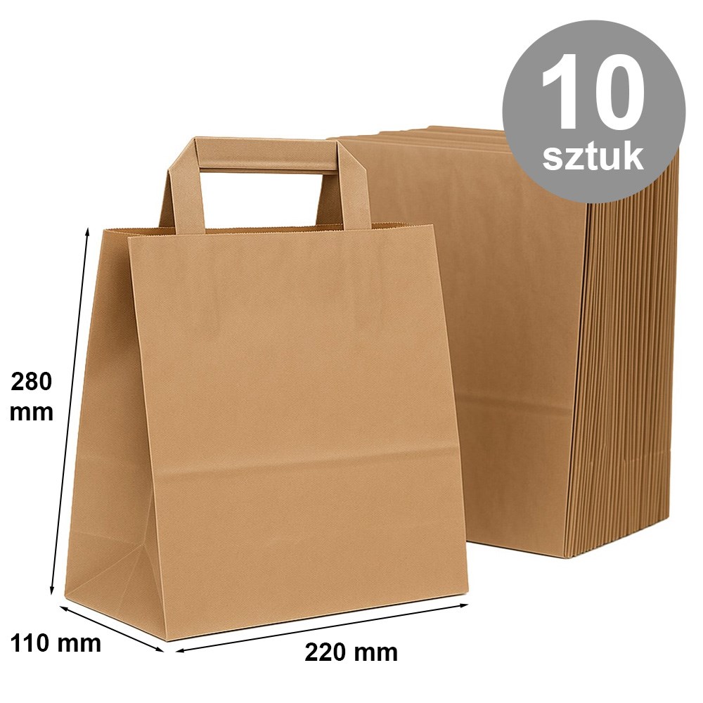 Torby papierowe brązowe 220x110x280 mm z płaskim uchwytem 10 szt