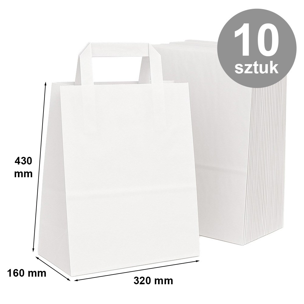 Duże torby papierowe kraft białe z uchwytem 320x160x430 mm 10 szt.