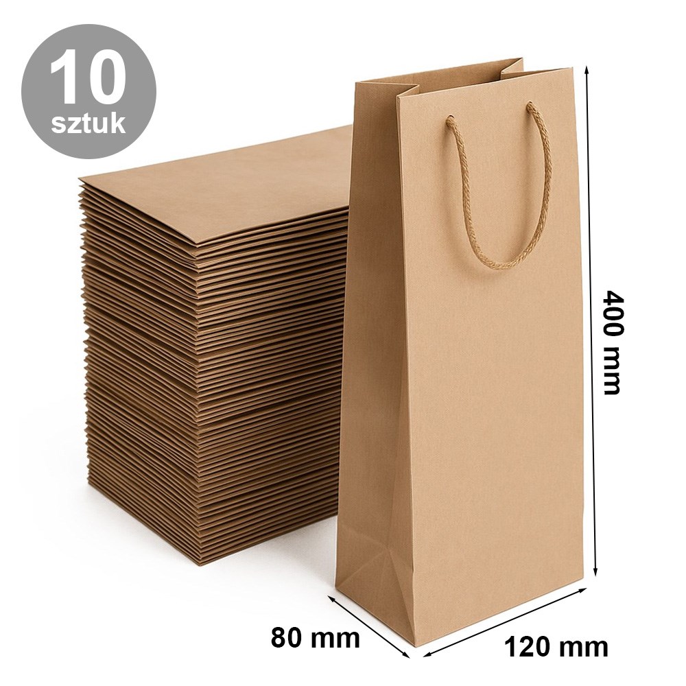 Torba papierowa na wino 120x80x400 mm brązowa z uchwytem, 10 szt.